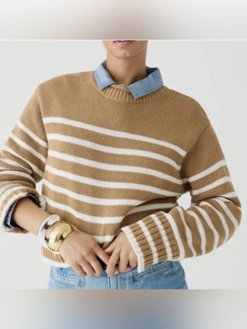 J.CREW Rollneck Sweater Women's Size S Tan Striped Chunky Knit Preppy Coastal